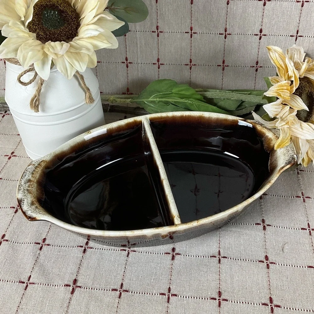 Vintage Pfaltzgraff Gourmet Brown Drip Oval Divided Vegetable Bowl / Dish